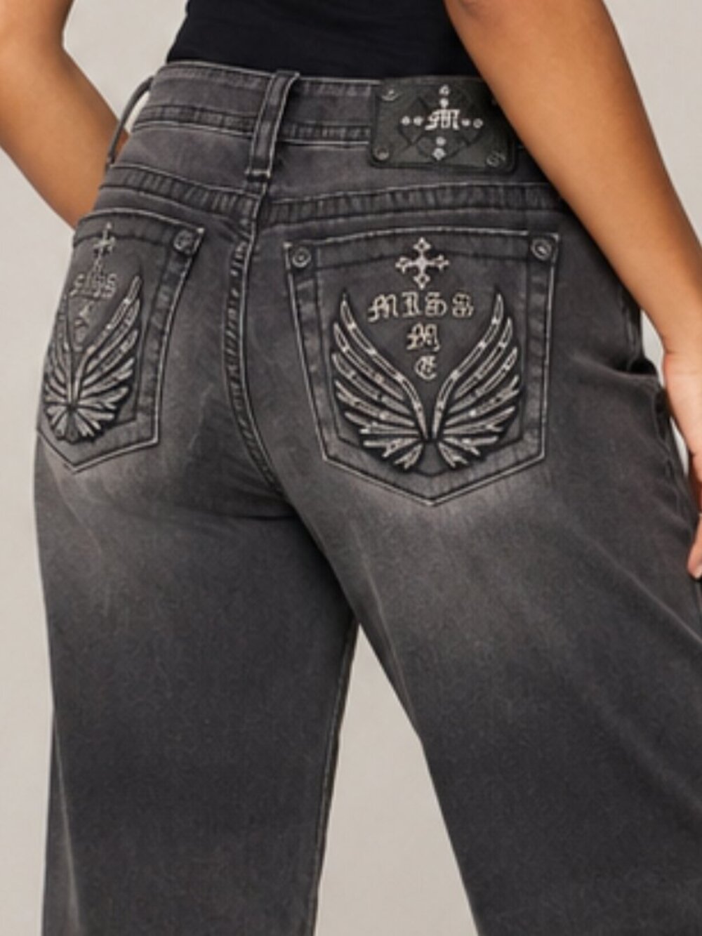 NWT Miss Me Charcoal Slim Wide Jeans Embellished Angel Wing Back Pockets Size 28